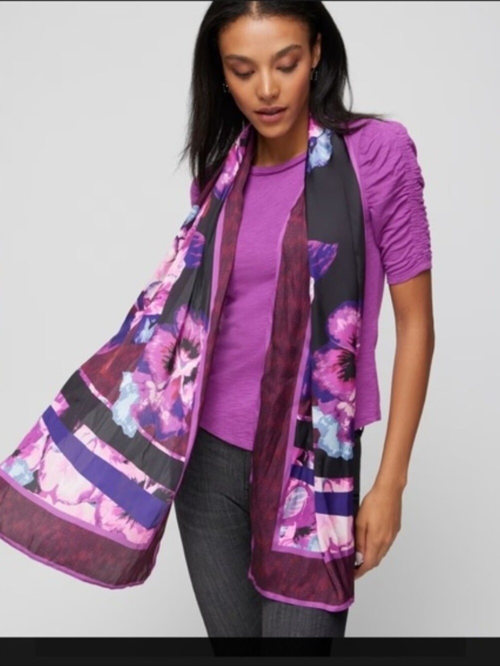 White House Black Market Purple and Magenta Floral Silk Scarf